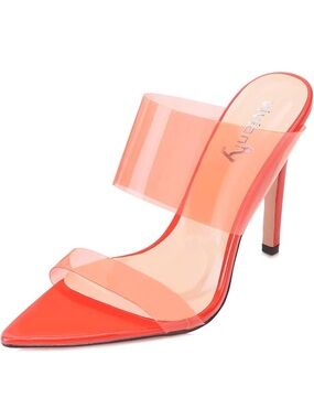Vivianly Orange Pointed Toe Slide Heels with Clear Strap